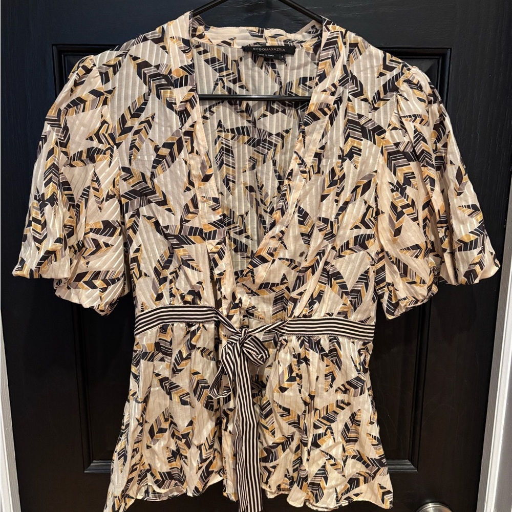 BCBGMaxAzria Tan Blouse with Puff Sleeves and Tie Front